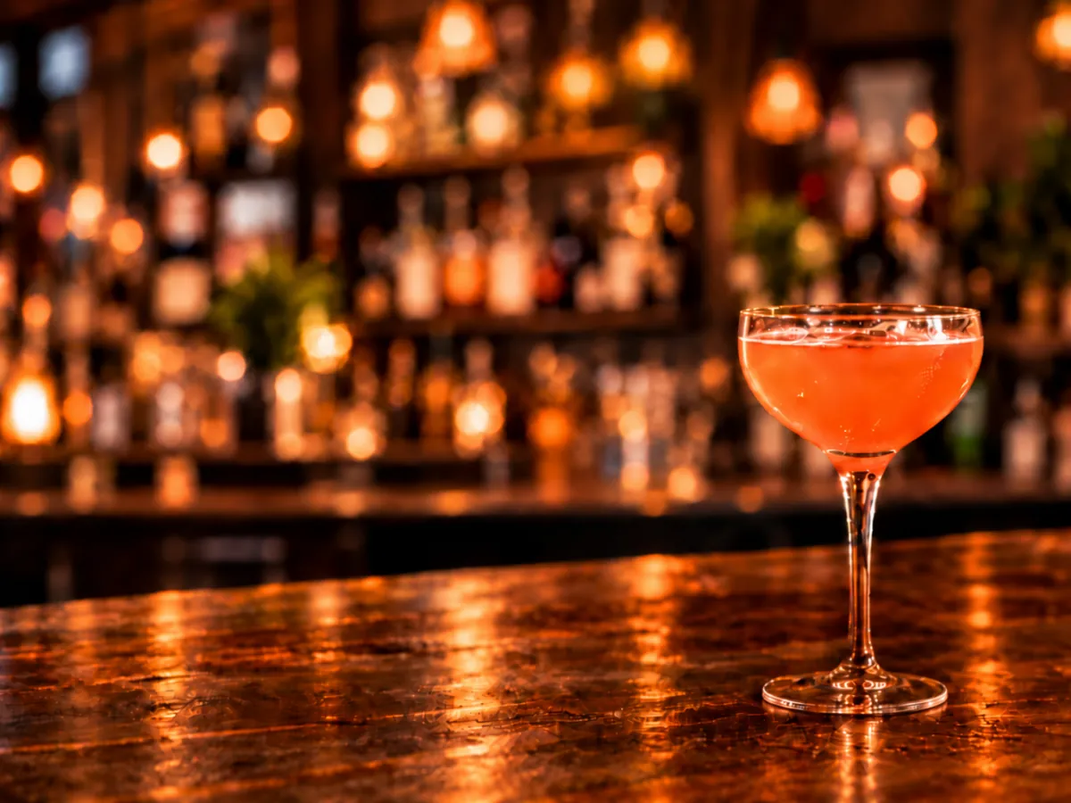 An orange cocktail in a coupe glass on a dim bar, lights glowing behind it.