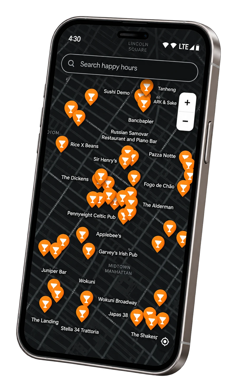 The See Ya There map on a phone, with an orange pin at every happy hour nearby.