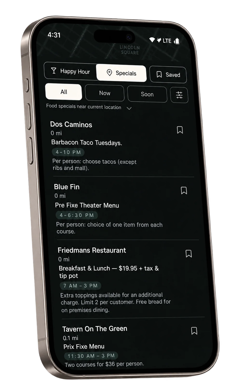 The specials list on a phone: restaurants, distances, times and what each one offers.